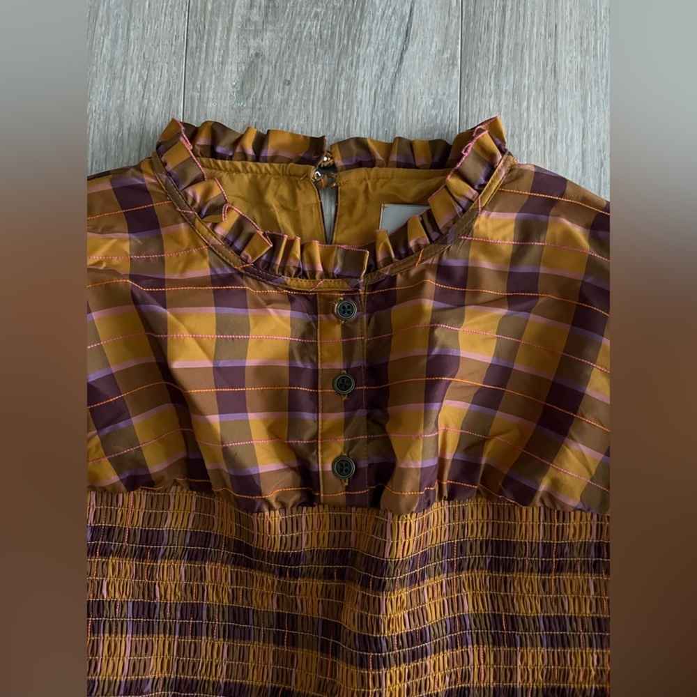 Anthropologie Maeve Puff-Sleeved Smocked Romper Orange Plaid - Size Medium - Picture 6 of 10
